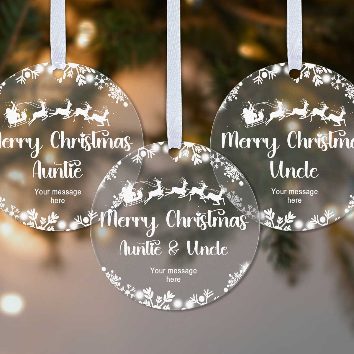 Personalised Auntie & Uncle Christmas Bauble – Santa Sleigh Design
