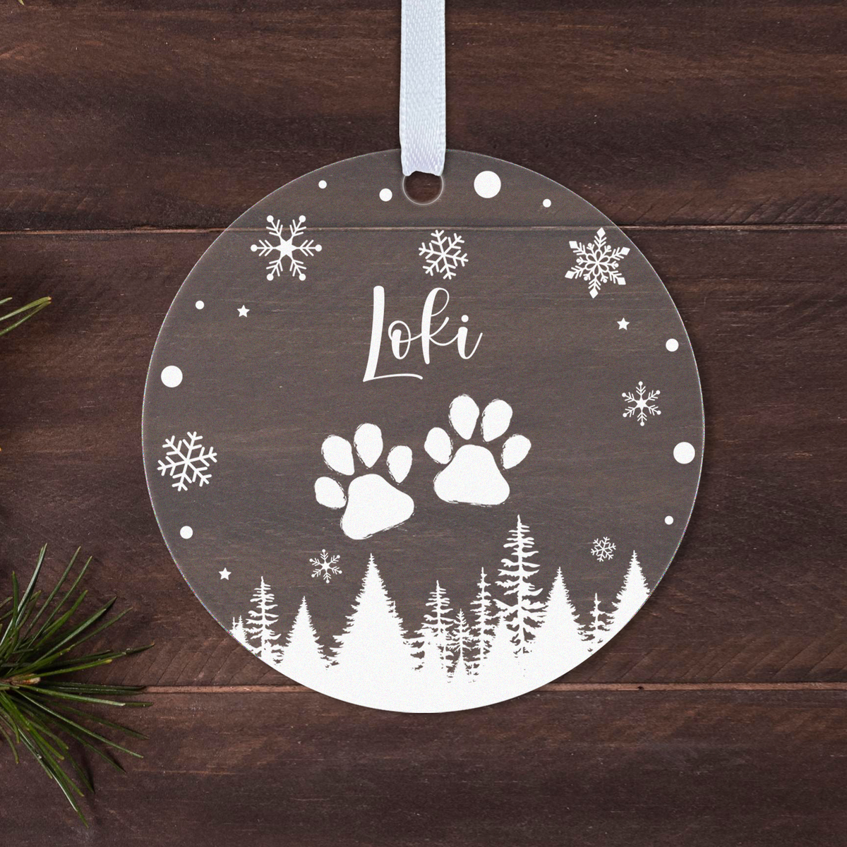 Personalised Pet Name Christmas Bauble – Paw Prints & Snowflakes