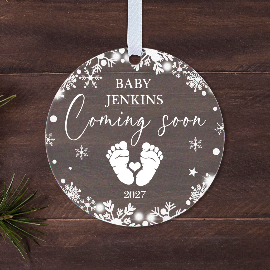 Personalised Baby Coming Soon 2027 Christmas Bauble – Pregnancy Announcement