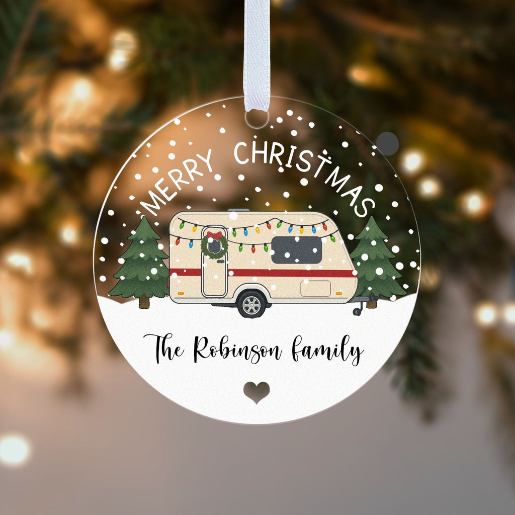 Personalised Caravan Christmas Bauble – Family Name Design