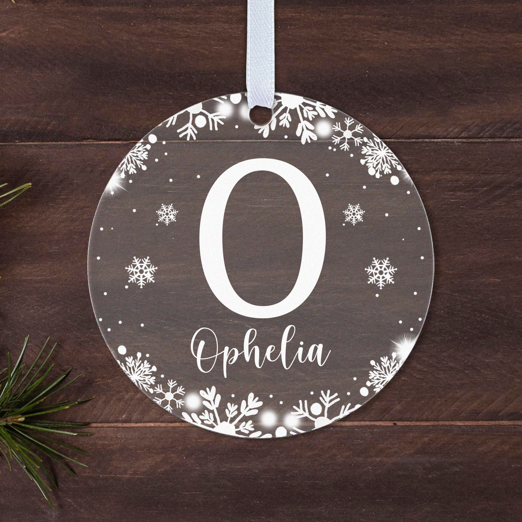Personalised Initial & Name Christmas Bauble – White Snowflake Design