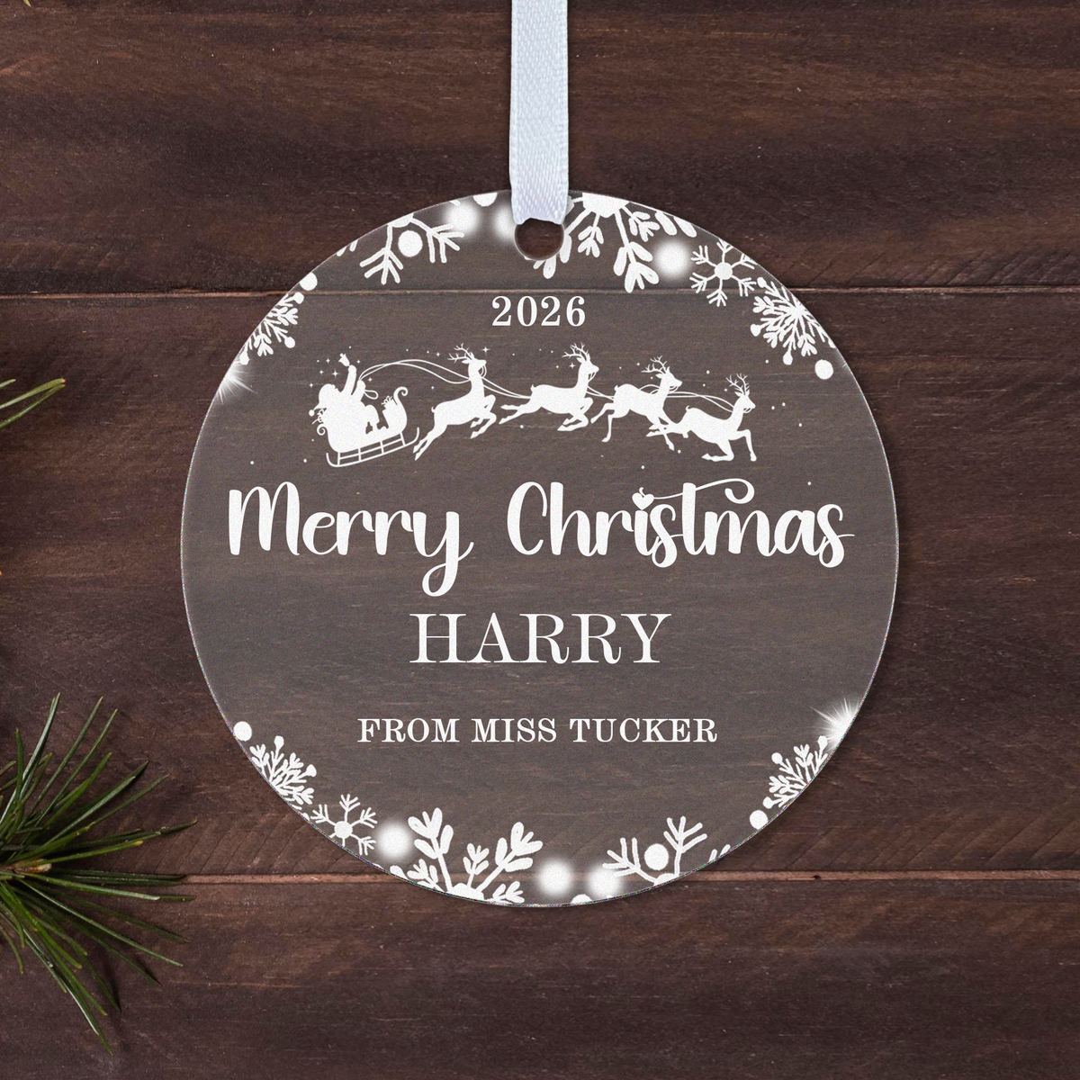 Personalised Teacher Christmas Bauble – Santa Sleigh with Name & Message