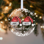 Personalised Special Couple Christmas Bauble – Santa Hats with Both Names