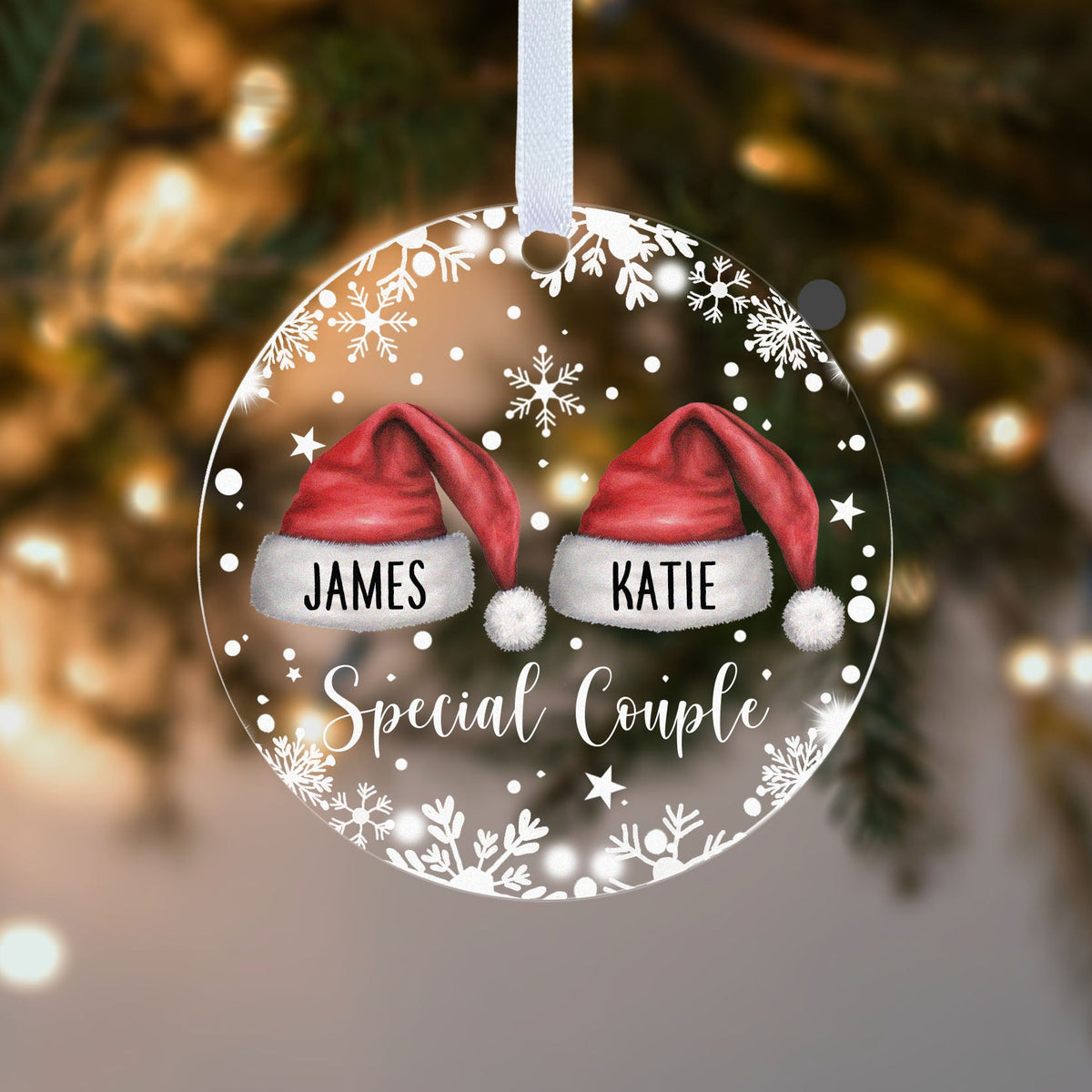 Personalised Special Couple Christmas Bauble – Santa Hats with Both Names