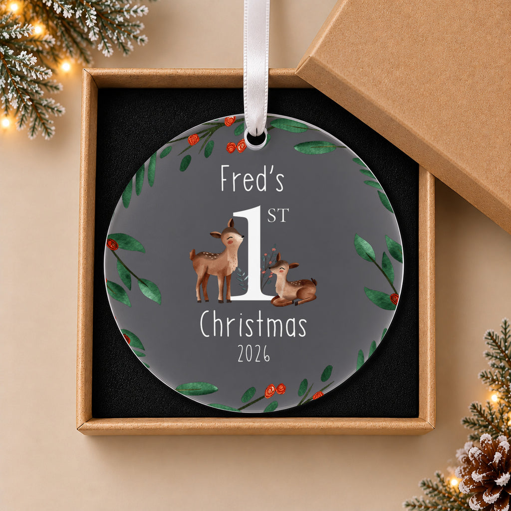 Personalised Baby's First Christmas Bauble – Deer & Winter Wreath – in the optional gift box