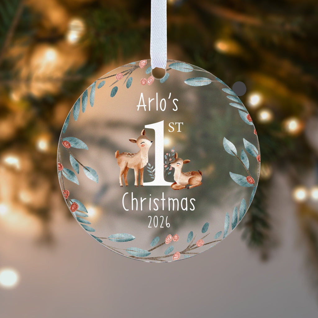 Personalised Baby's First Christmas Bauble – Deer & Winter Wreath