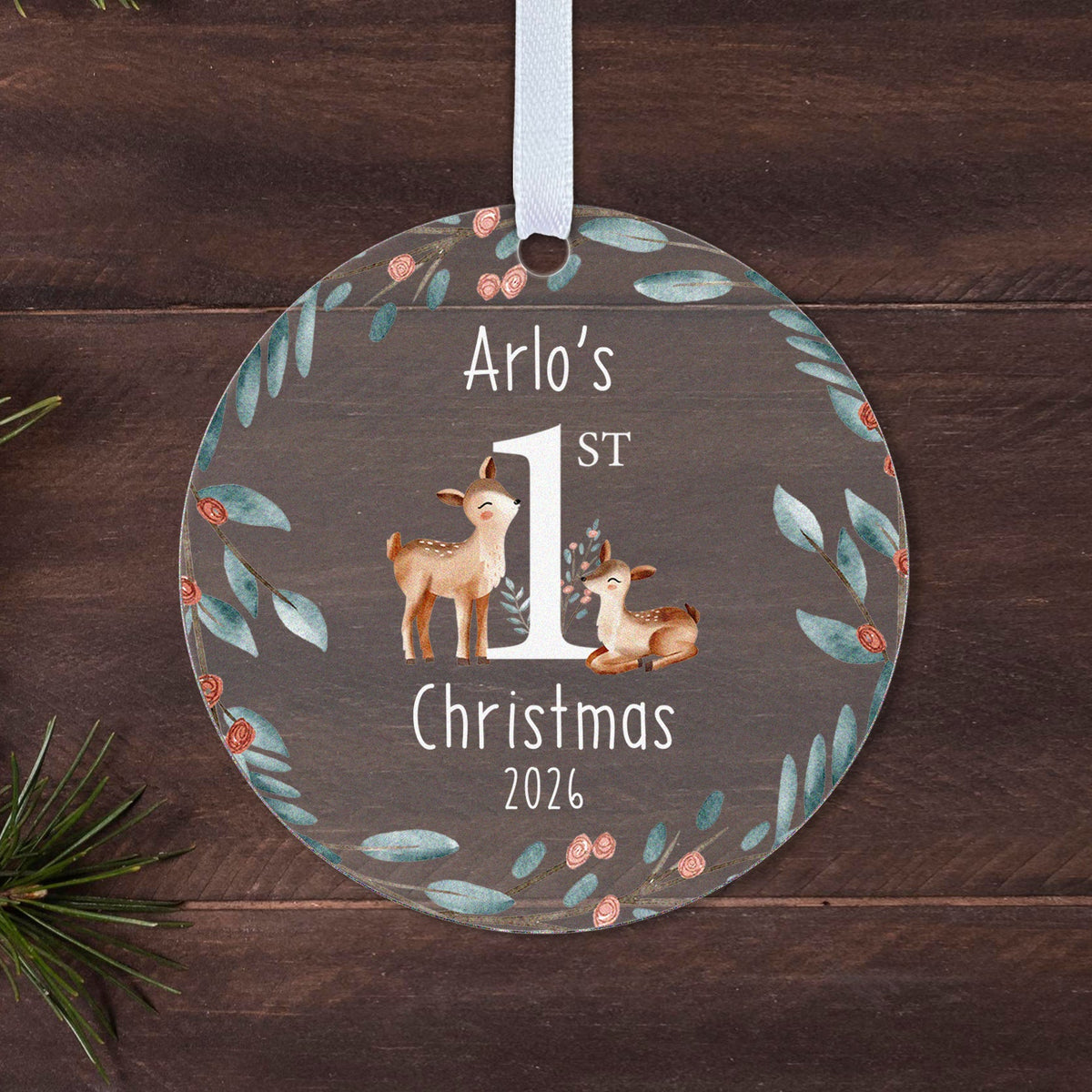 Personalised Baby's First Christmas Bauble – Deer & Winter Wreath