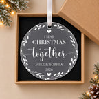 Personalised First Christmas Together Bauble – Leaf Wreath Design – in the optional gift box