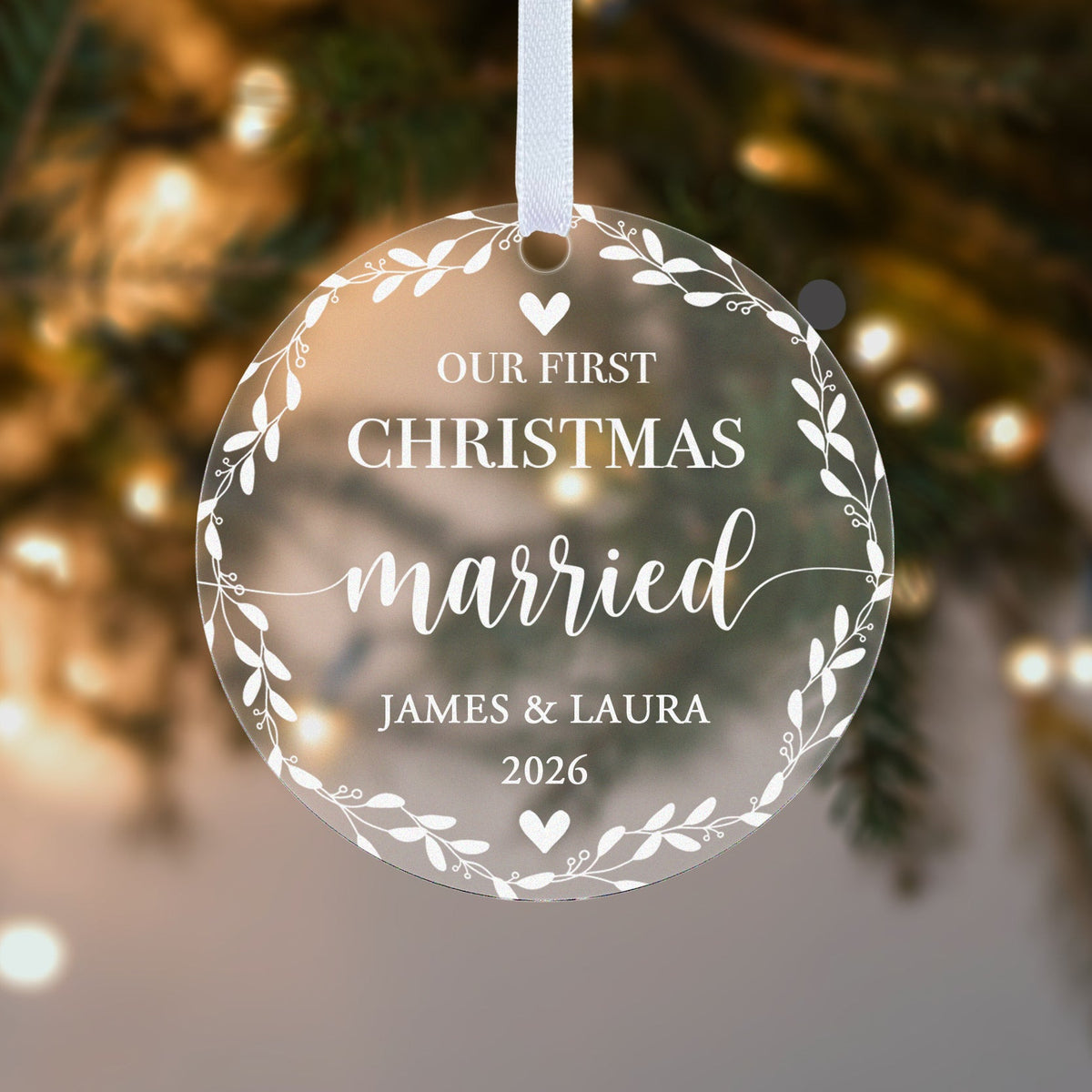 Personalised Our First Christmas Married Bauble – Leaf Wreath Design