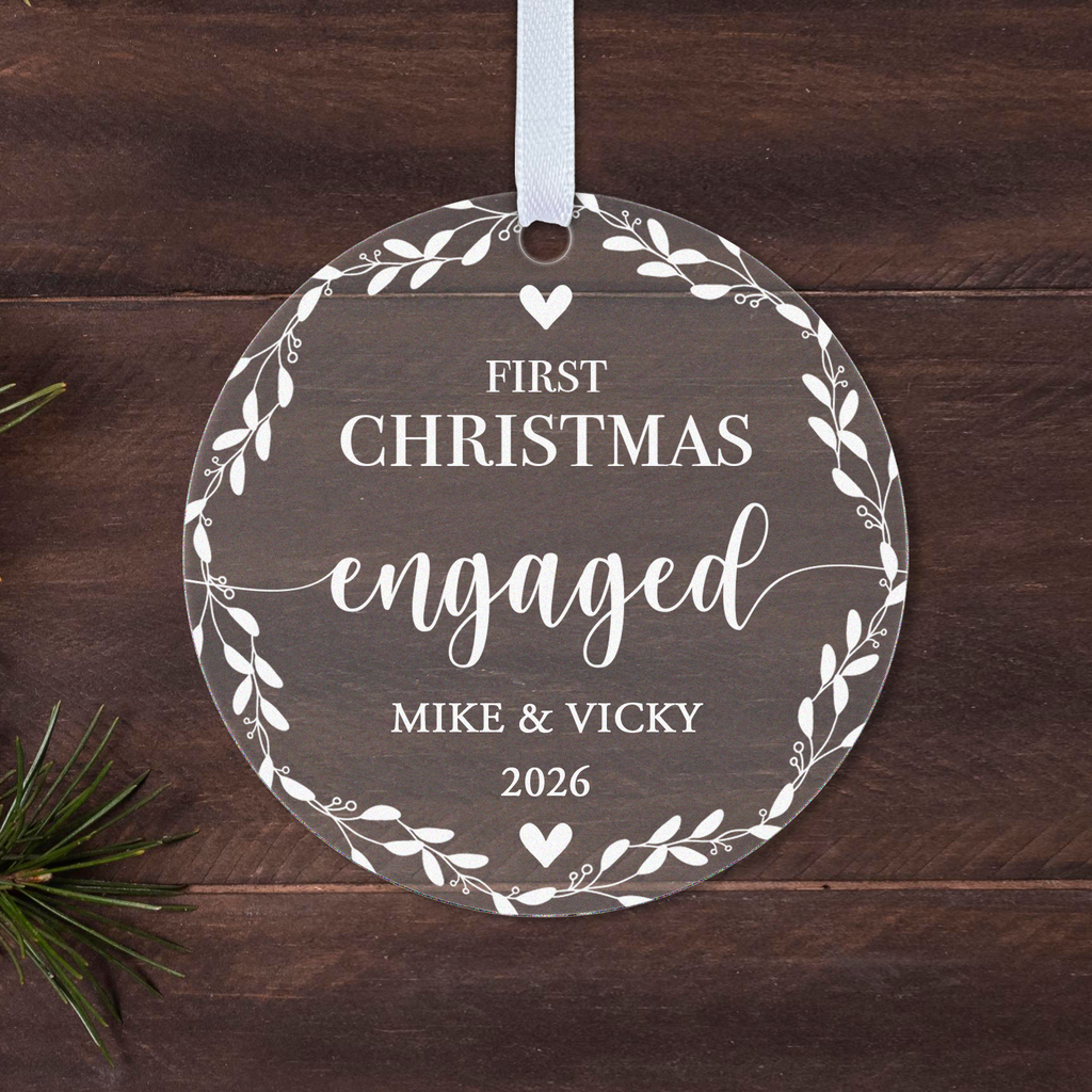 Personalised First Christmas Engaged Bauble – Leaf Wreath Design