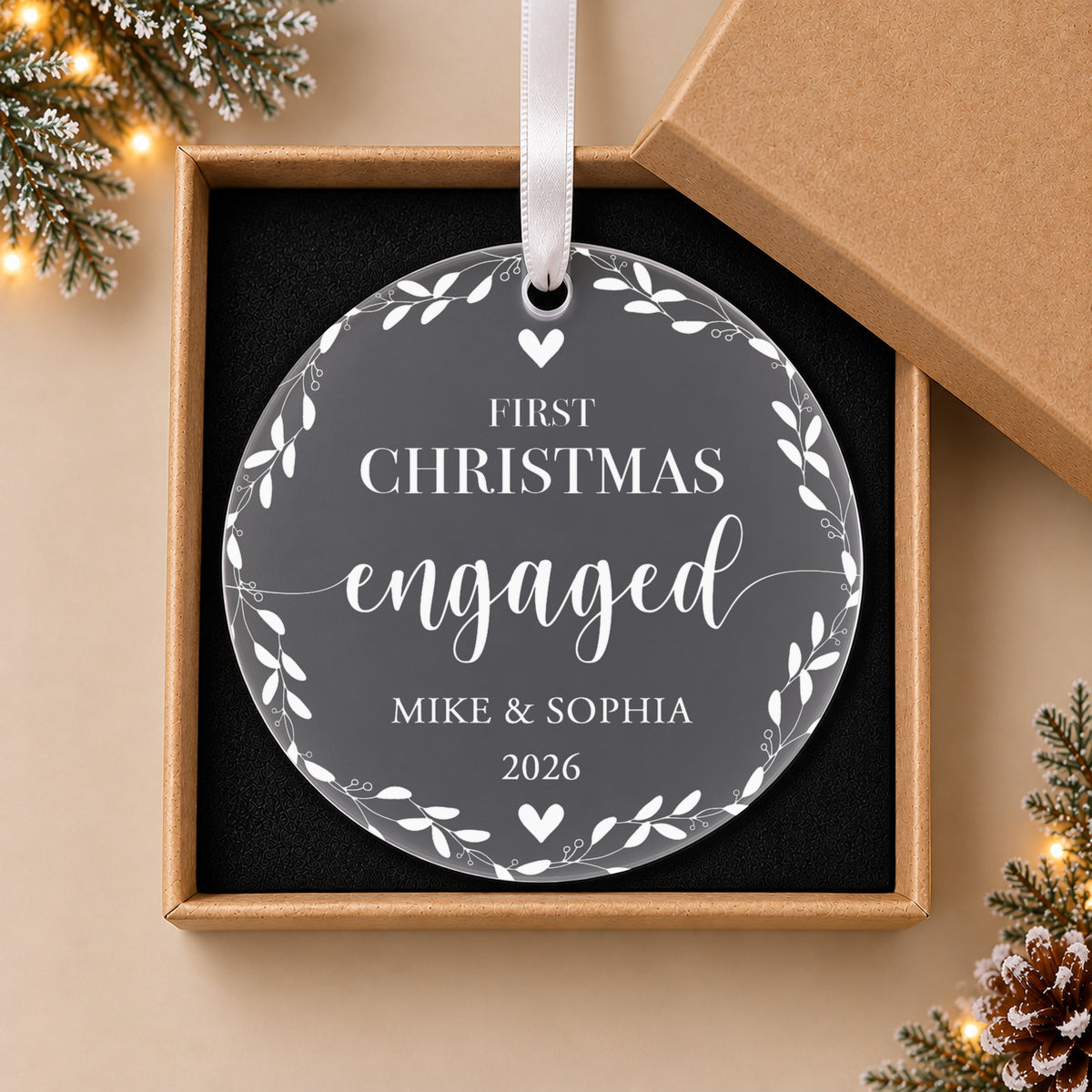 Personalised First Christmas Engaged Bauble – Leaf Wreath Design – in the optional gift box
