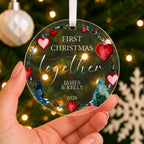 Personalised First Christmas Together Bauble – Heart Wreath Design – shown held in the hand