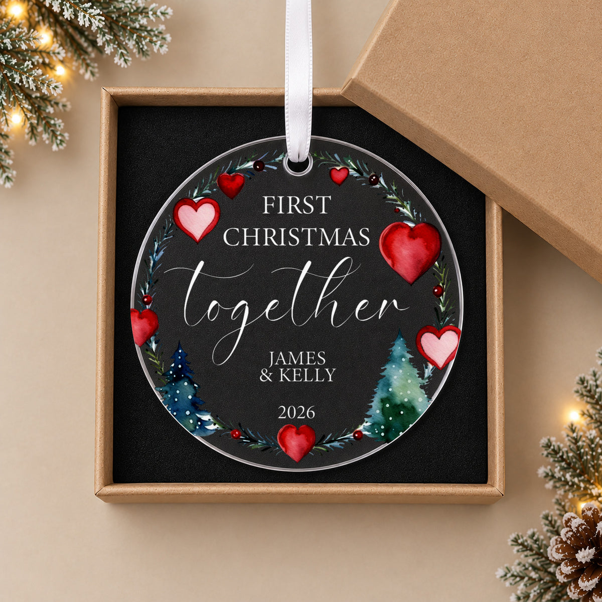 Personalised First Christmas Together Bauble – Heart Wreath Design – in the optional gift box