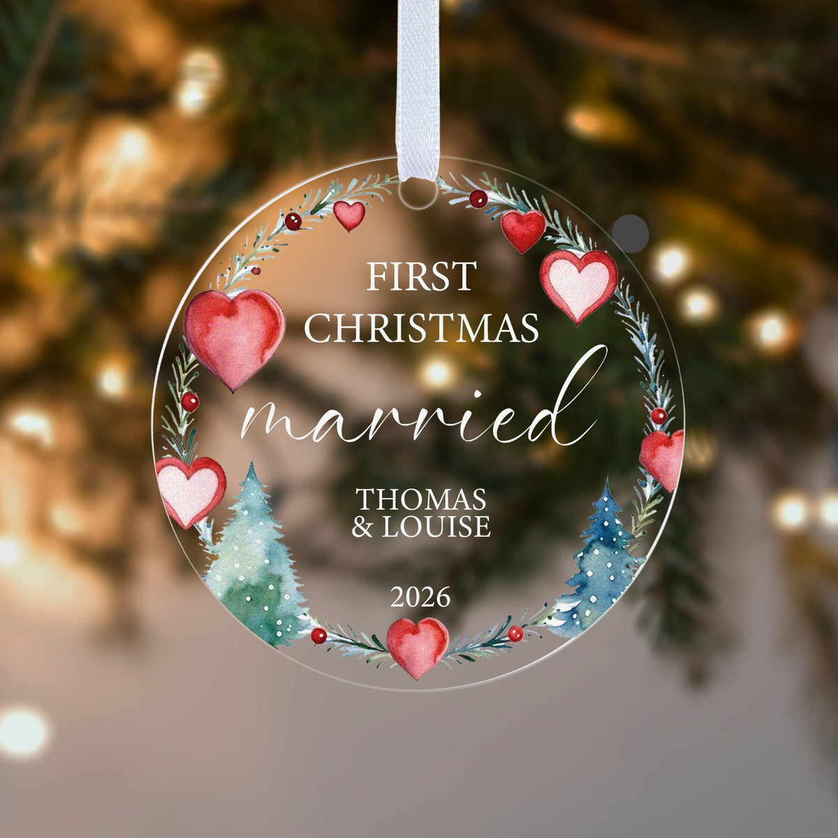 Personalised First Christmas Married Bauble – Heart Wreath Design