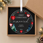 Personalised First Christmas Married Bauble – Heart Wreath Design – in the optional gift box