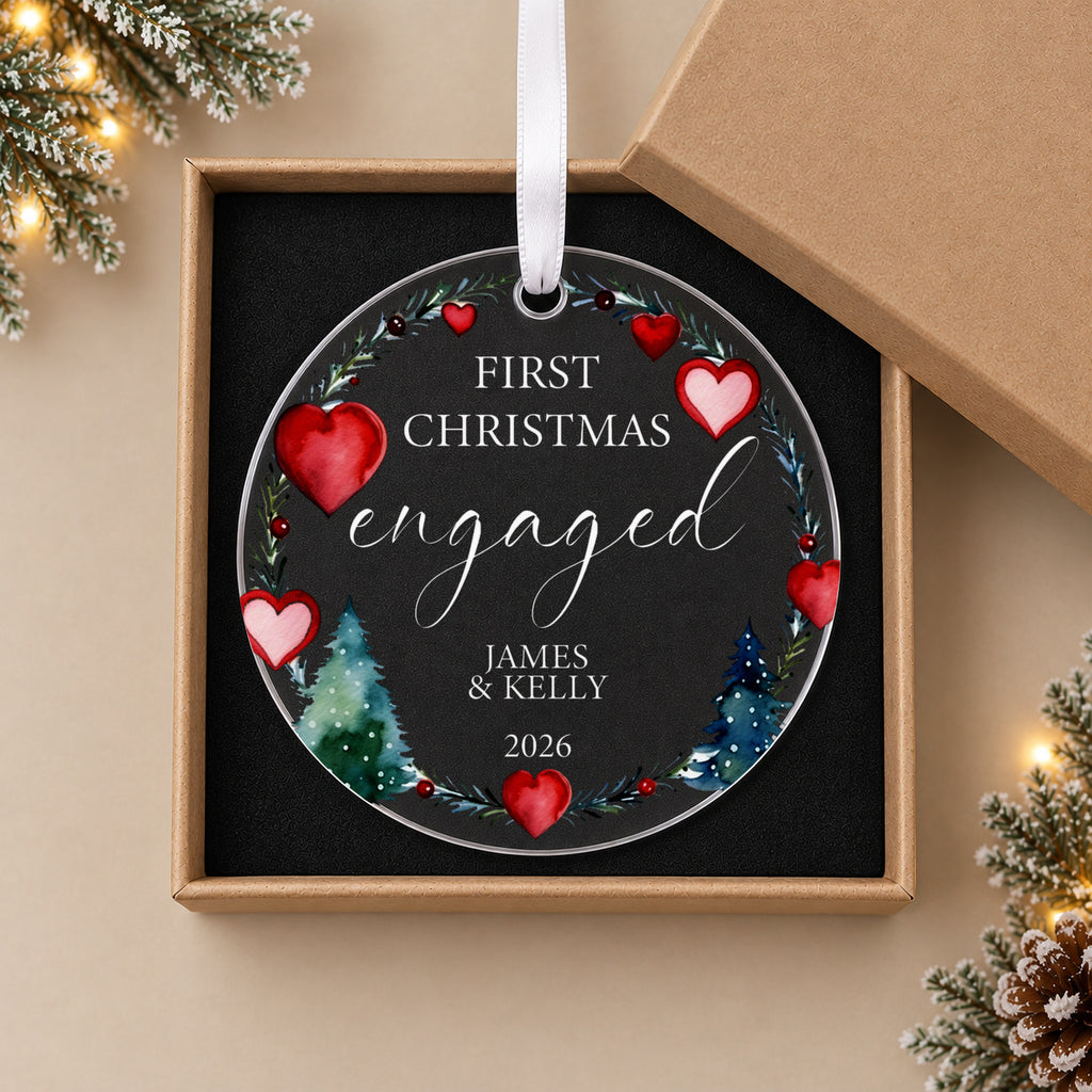 Personalised First Christmas Engaged Bauble – Heart Wreath Design – in the optional gift box