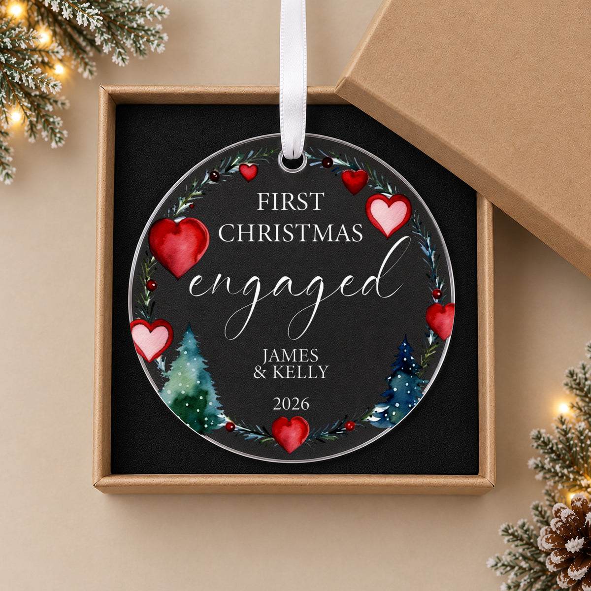Personalised First Christmas Engaged Bauble – Heart Wreath Design – in the optional gift box