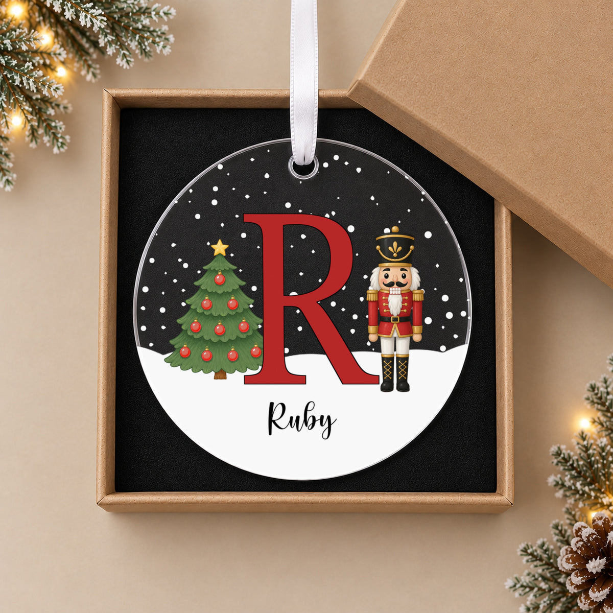 Personalised Nutcracker Initial Christmas Bauble – Pink, Blue or Red Letter – in the optional gift box