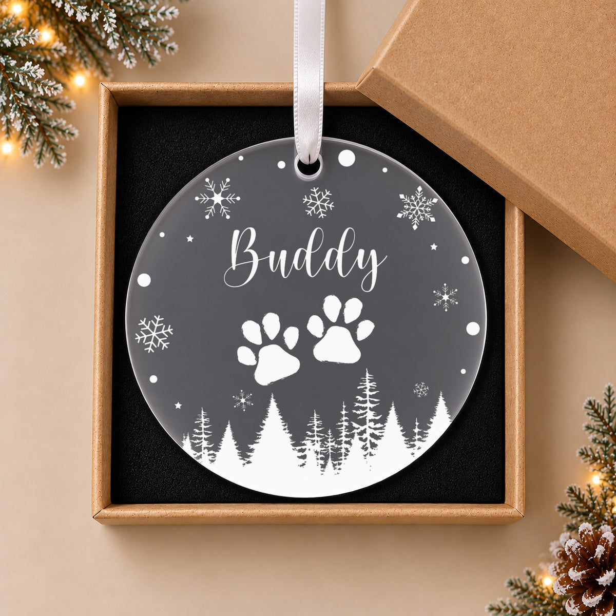 Personalised Pet Name Christmas Bauble – Paw Prints & Snowflakes – in the optional gift box