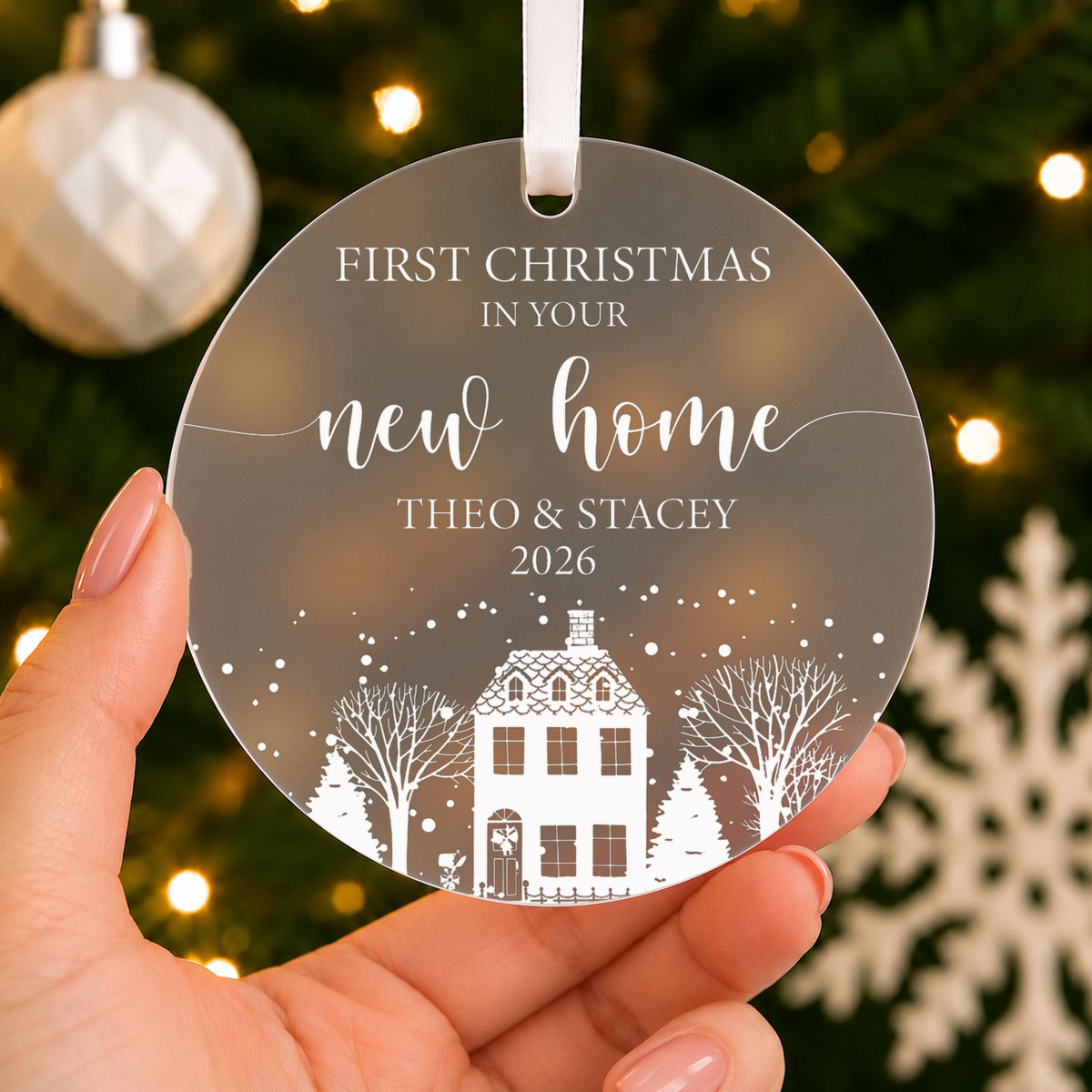 Personalised First Christmas in Your New Home Bauble – Names & Year – shown held in the hand