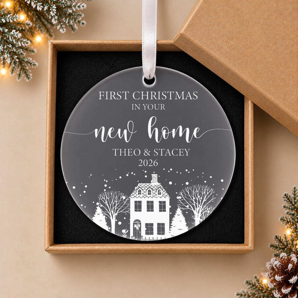 Personalised First Christmas in Your New Home Bauble – Names & Year – in the optional gift box