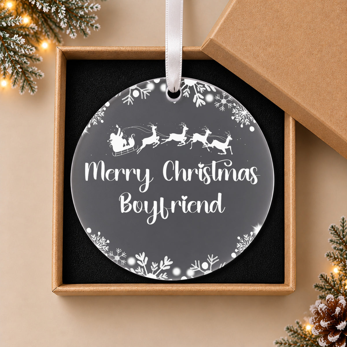 Personalised Boyfriend or Girlfriend Christmas Bauble – Santa Sleigh Design – in the optional gift box