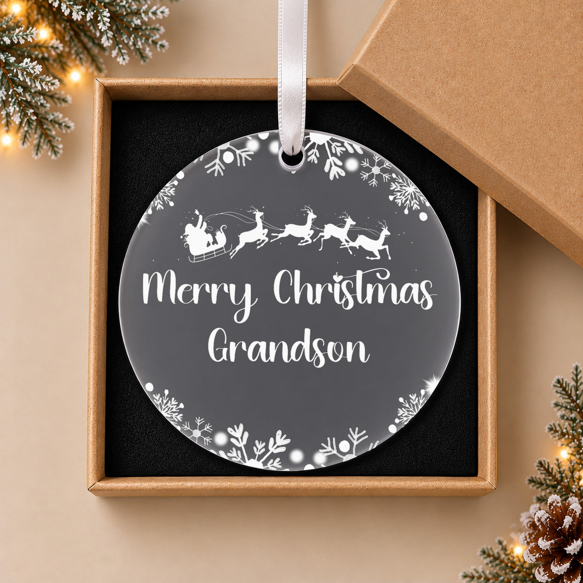 Personalised Grandson or Granddaughter Christmas Bauble – Santa Sleigh Design – in the optional gift box