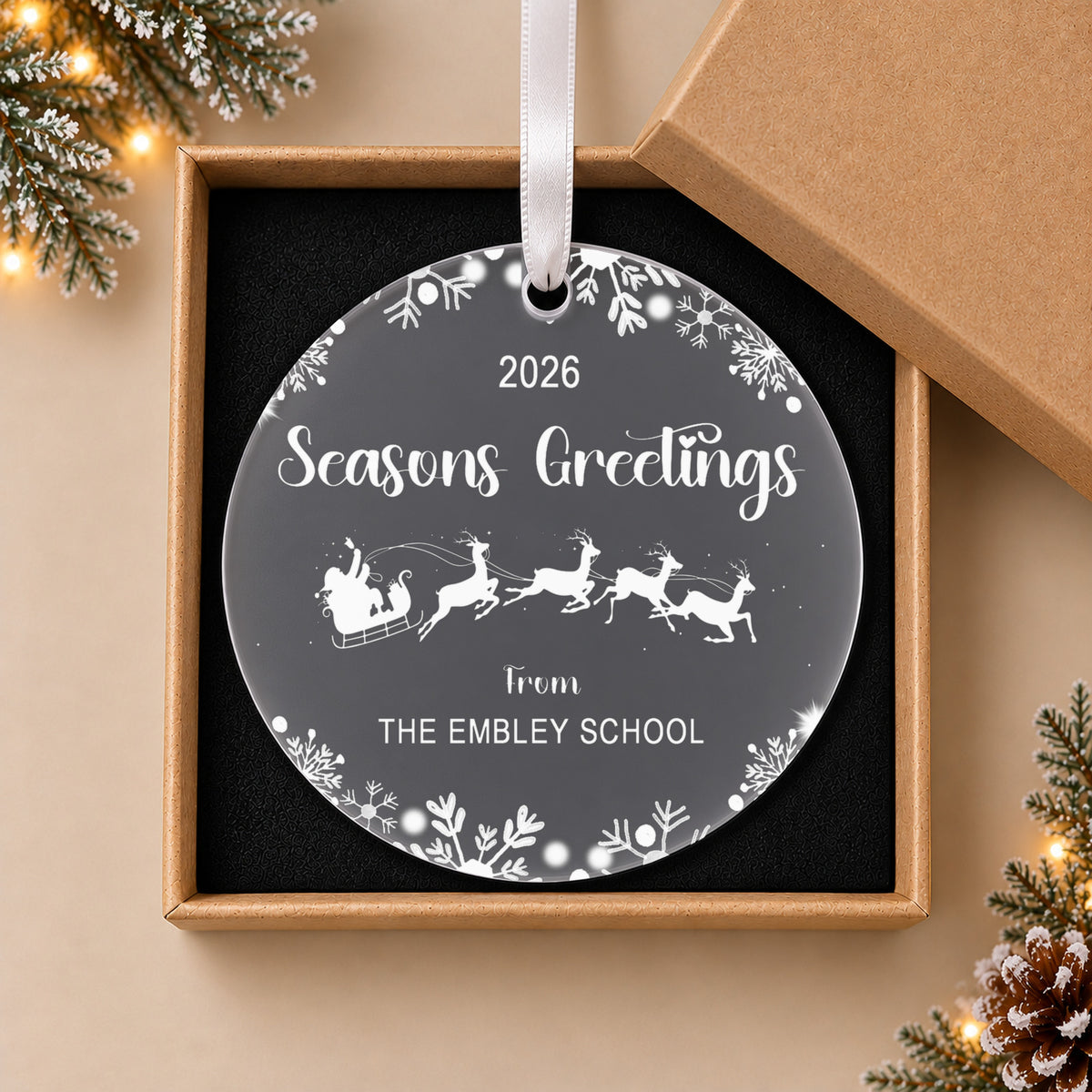 Personalised Seasons Greetings Bauble 2026 – Company & Staff Christmas Gift – in the optional gift box