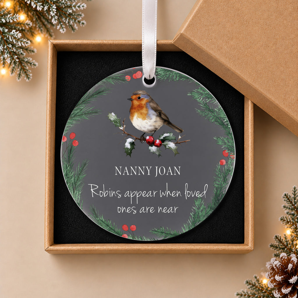 Personalised Robin Memorial Christmas Bauble – When Robins Appear – in the optional gift box