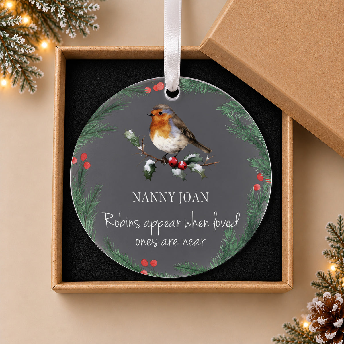 Personalised Robin Memorial Christmas Bauble – When Robins Appear – in the optional gift box