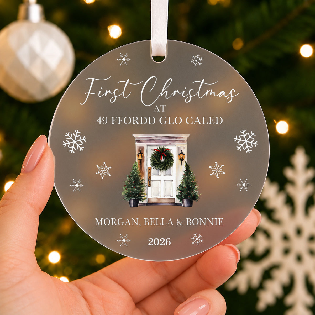 Personalised First Christmas New Home Bauble – Front Door with Your Address – shown held in the hand