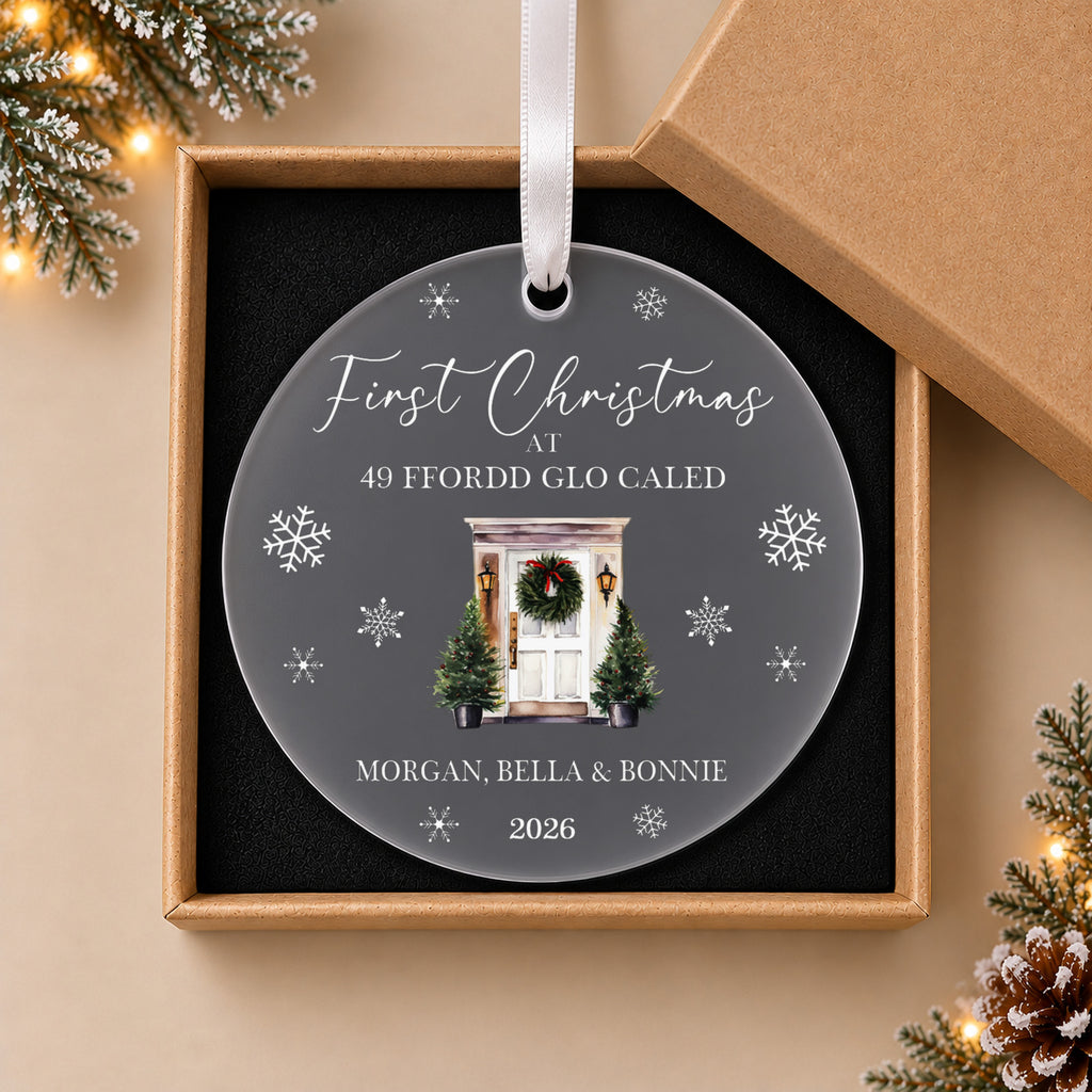 Personalised First Christmas New Home Bauble – Front Door with Your Address – in the optional gift box