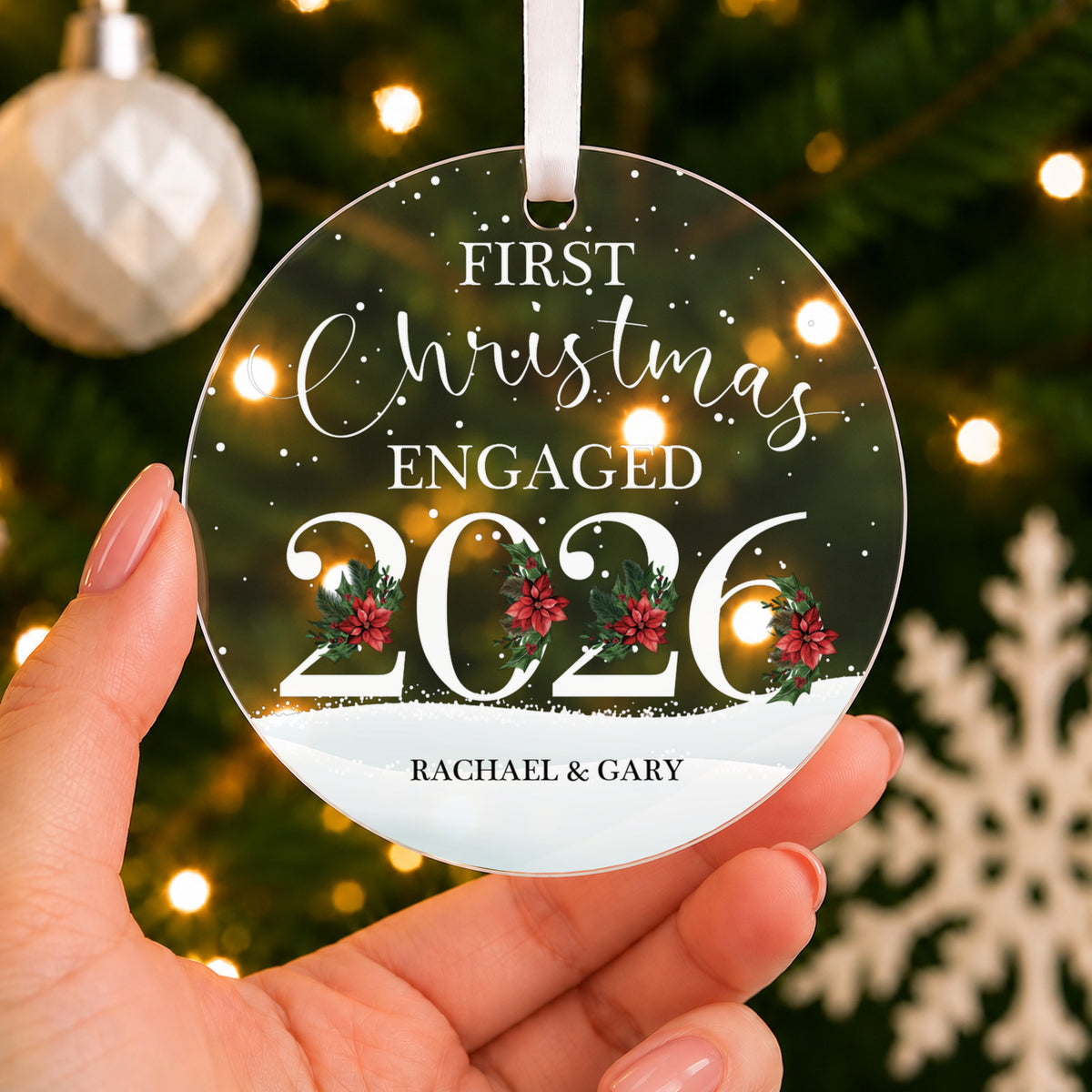 Personalised First Christmas Engaged Bauble 2026 – Both Names – shown held in the hand