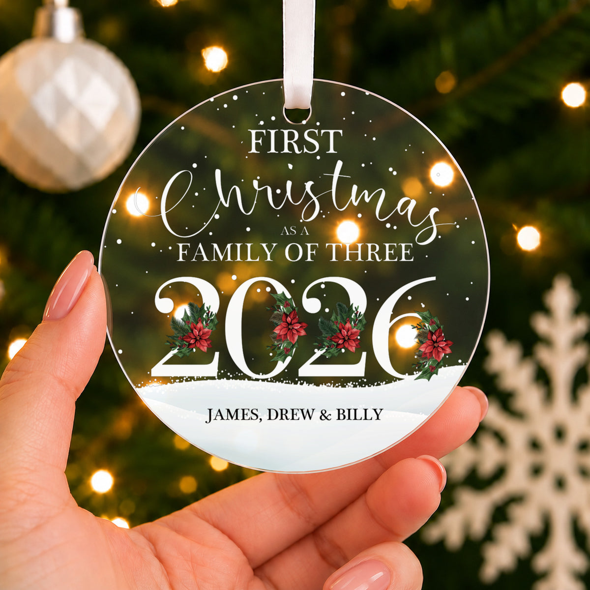 Personalised First Christmas as a Family Bauble 2026 – Family Names – shown held in the hand