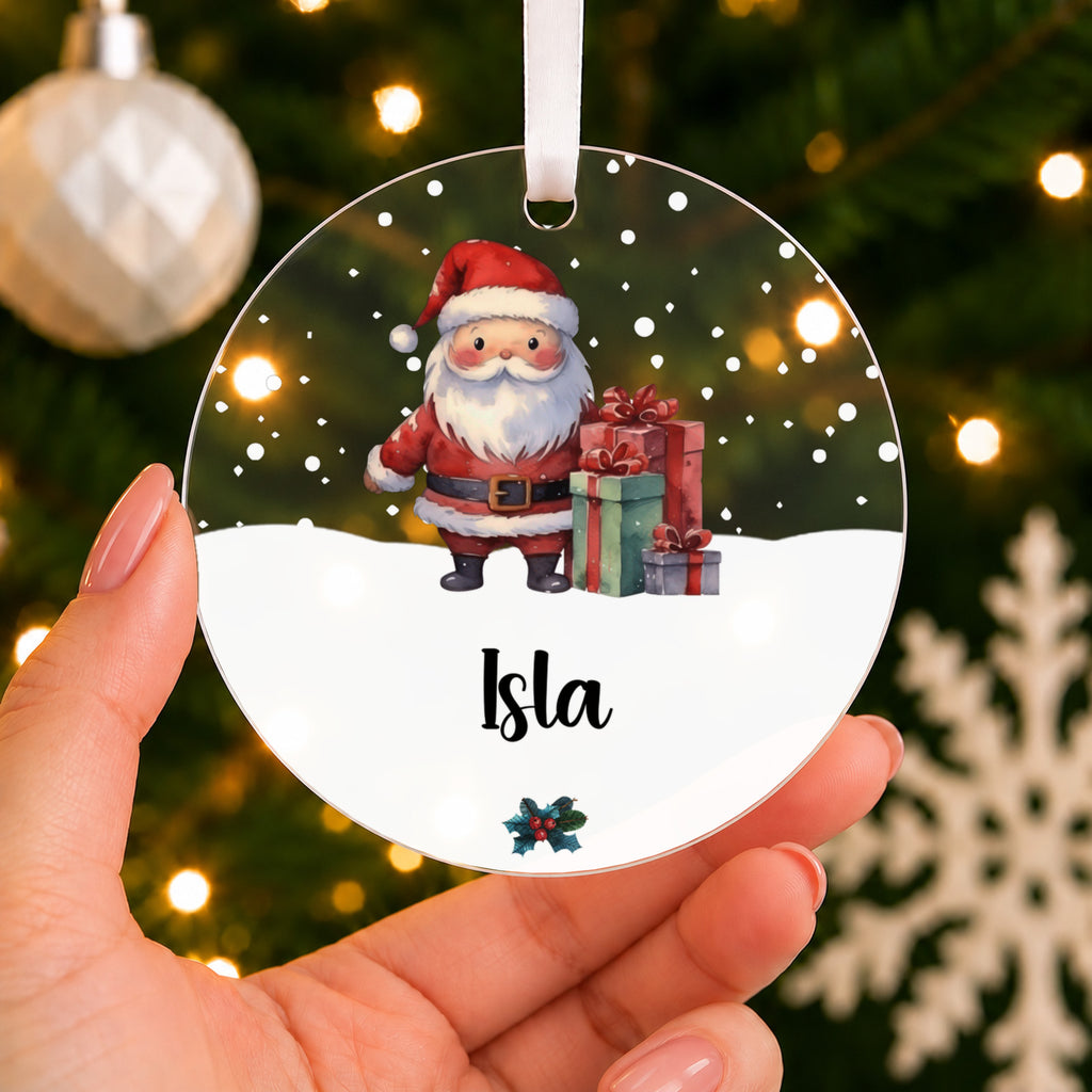 Personalised Father Christmas Bauble – Santa Design with Child's Name – shown held in the hand