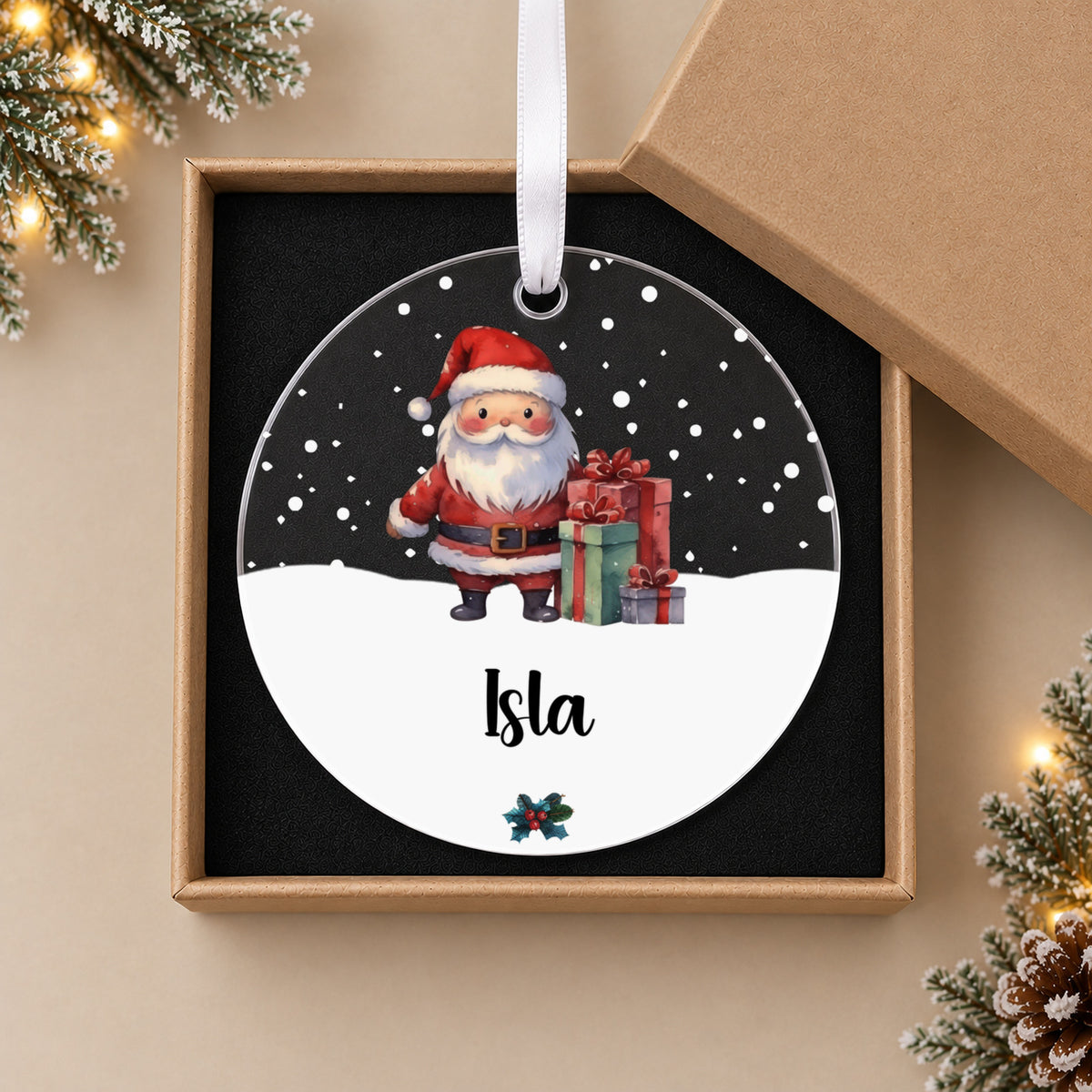 Personalised Father Christmas Bauble – Santa Design with Child's Name – in the optional gift box
