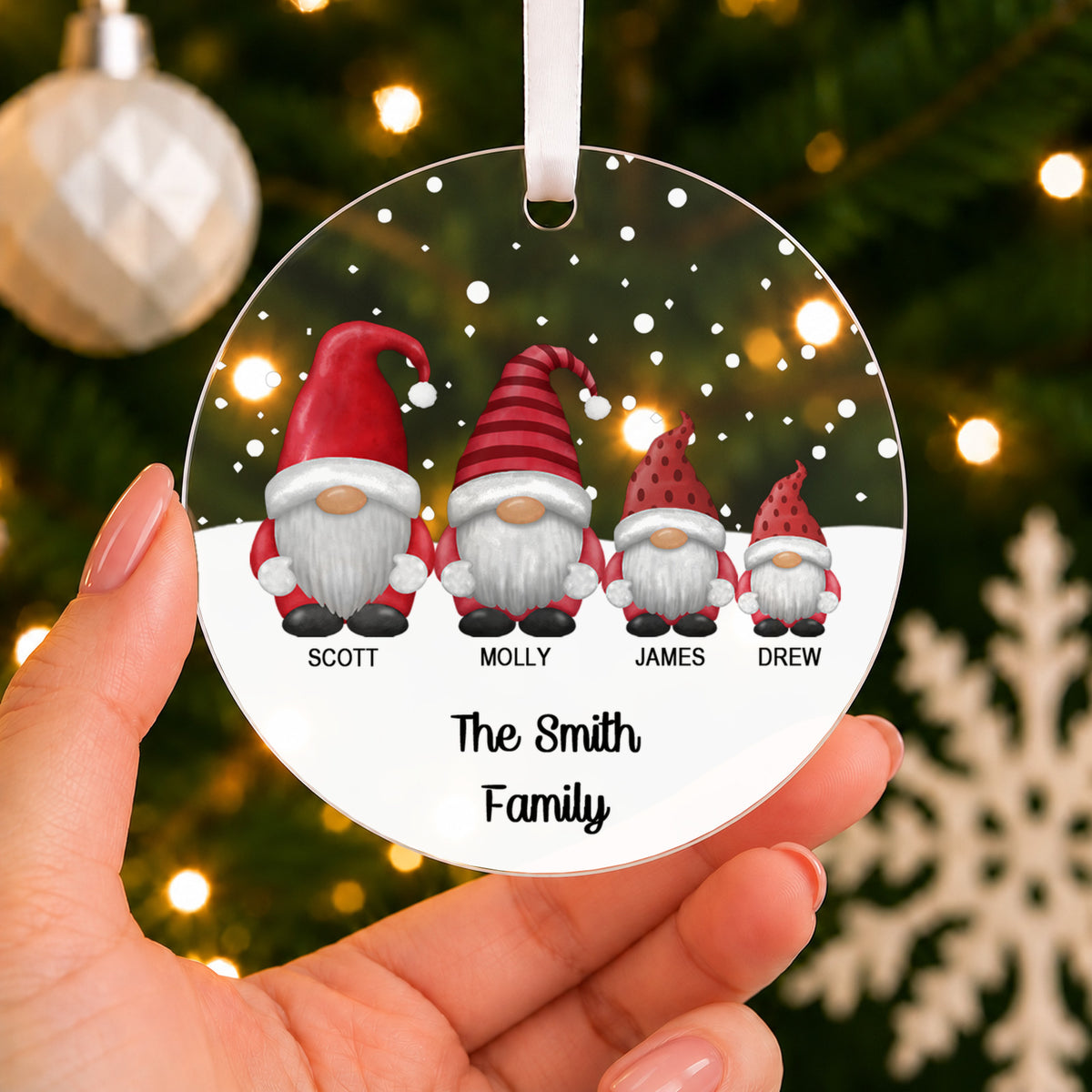Personalised Gonk Family Christmas Bauble – Family Name – shown held in the hand