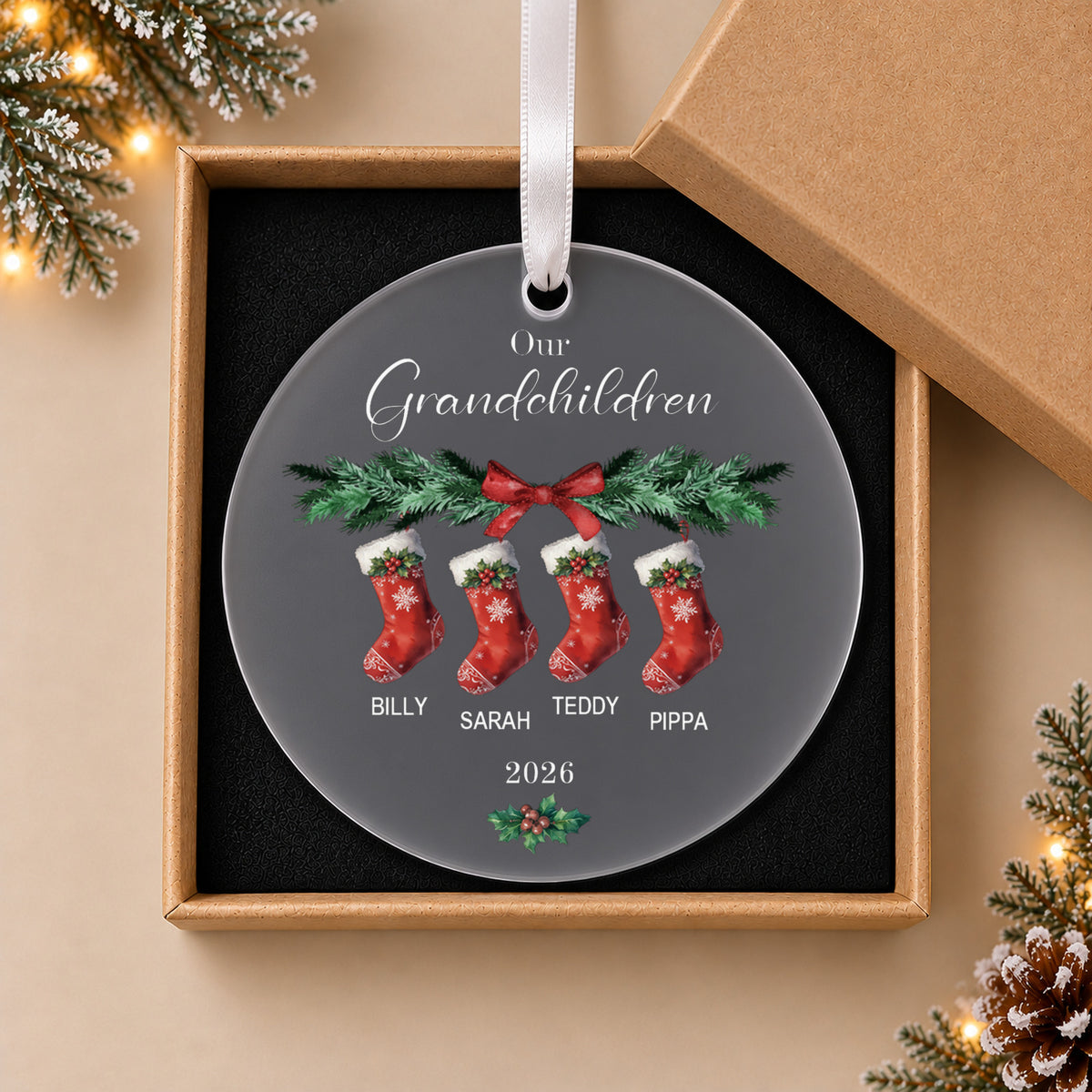 Personalised Grandchildren Christmas Bauble – Stockings with 2 to 6 Names – in the optional gift box