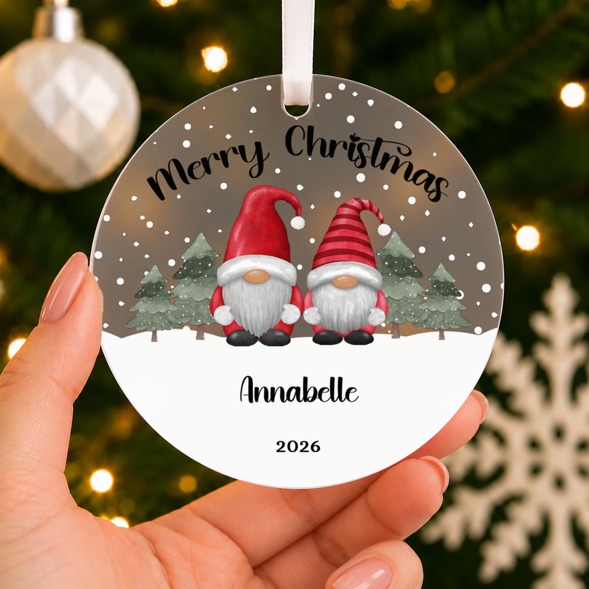 Personalised Gonk Couple Christmas Bauble – Both Names – shown held in the hand