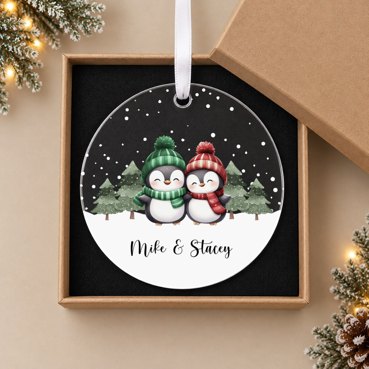 Personalised Penguin Couple Christmas Bauble – Both Names – in the optional gift box