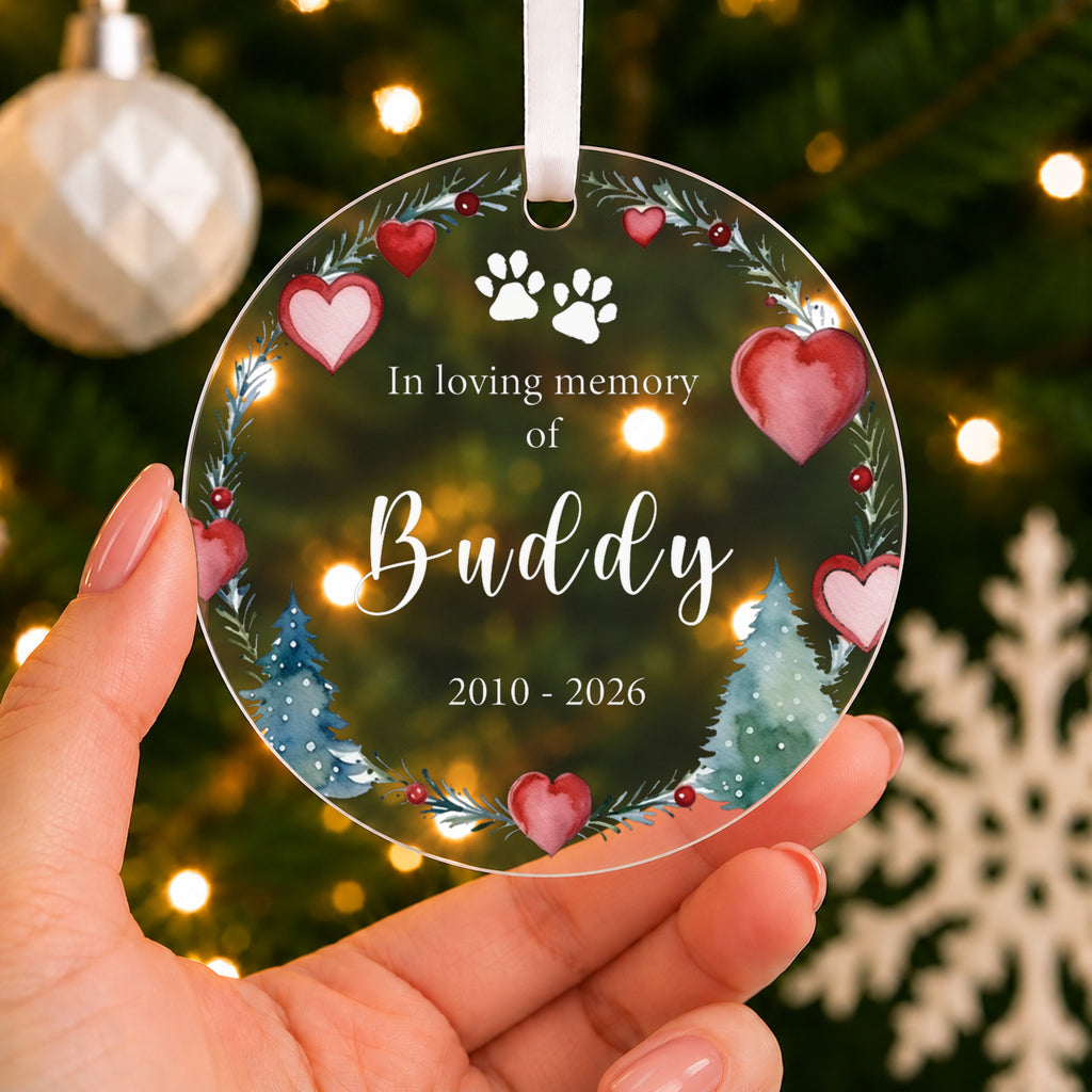 Personalised Pet Memorial Christmas Bauble – In Loving Memory with Name & Years – shown held in the hand