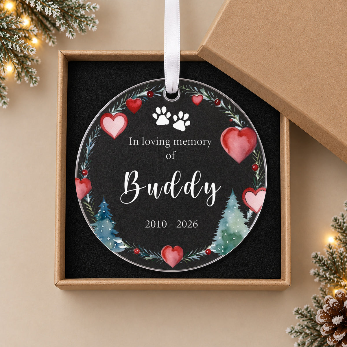 Personalised Pet Memorial Christmas Bauble – In Loving Memory with Name & Years – in the optional gift box