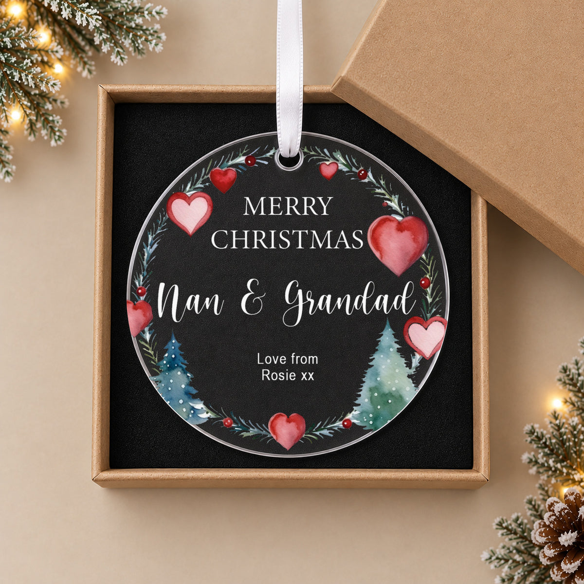 Personalised Couple's Christmas Bauble – Heart Wreath for Nan & Grandad