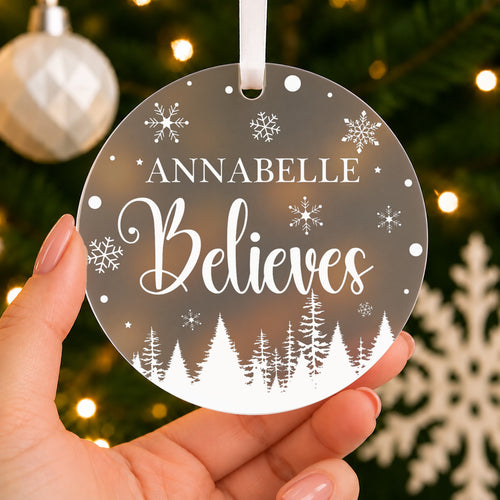 Personalised Believes Christmas Bauble – Any Name – shown held in the hand