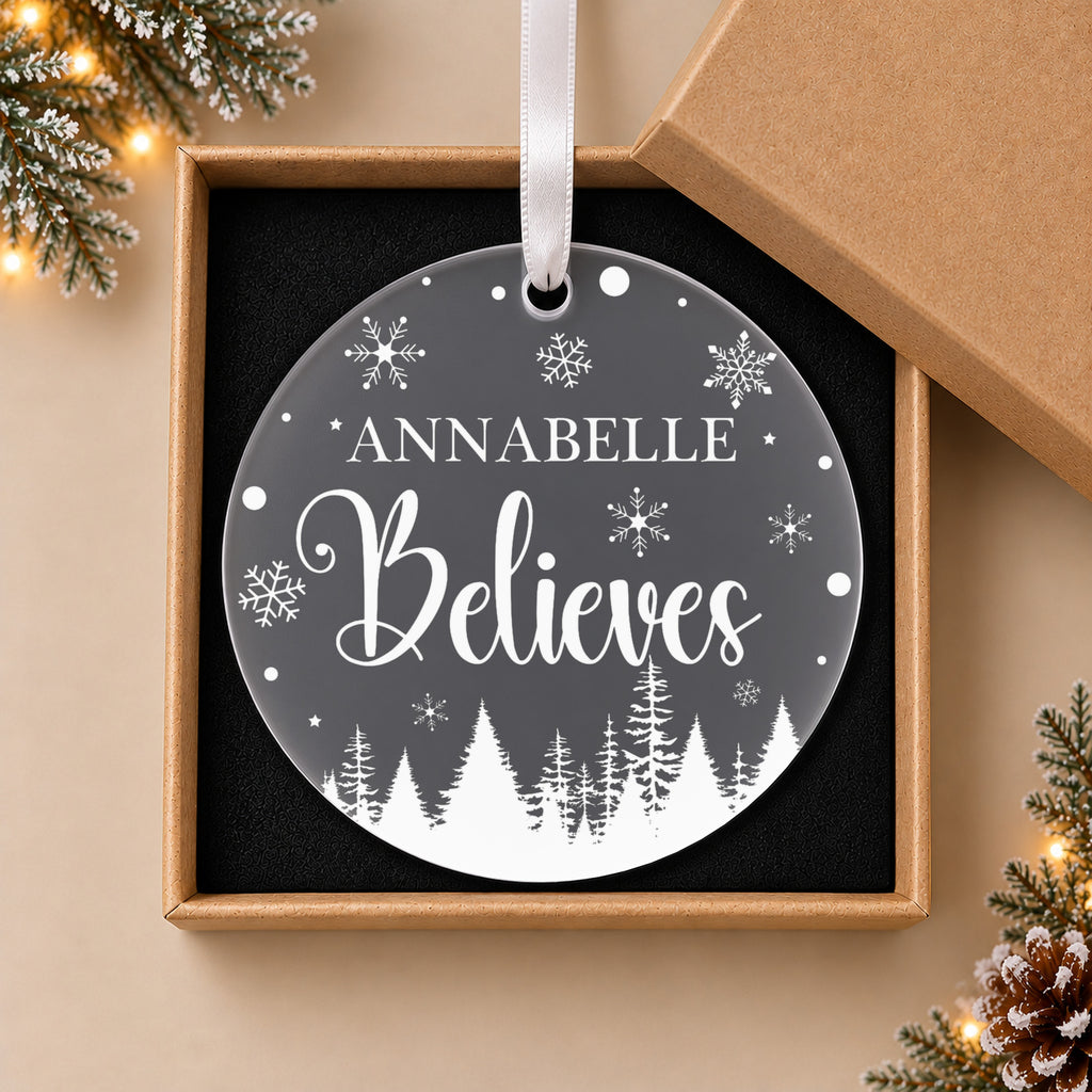 Personalised Believes Christmas Bauble – Any Name – in the optional gift box