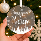 Personalised Family Believe Christmas Bauble – Family Name – shown held in the hand