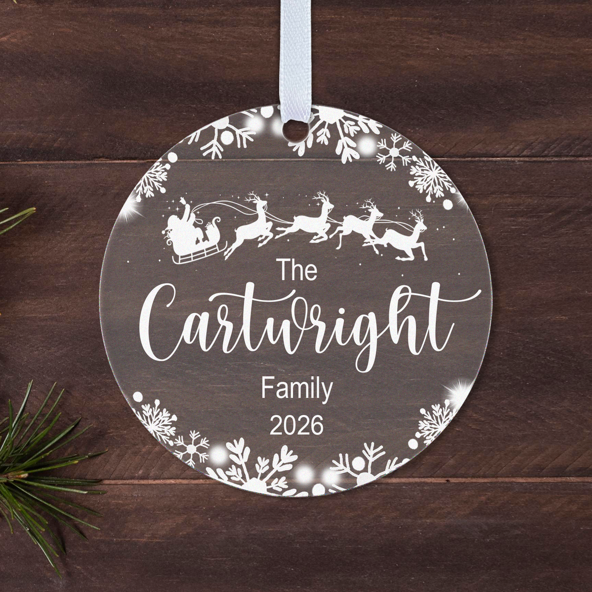 Personalised Family Name Christmas Bauble – Santa Sleigh Design