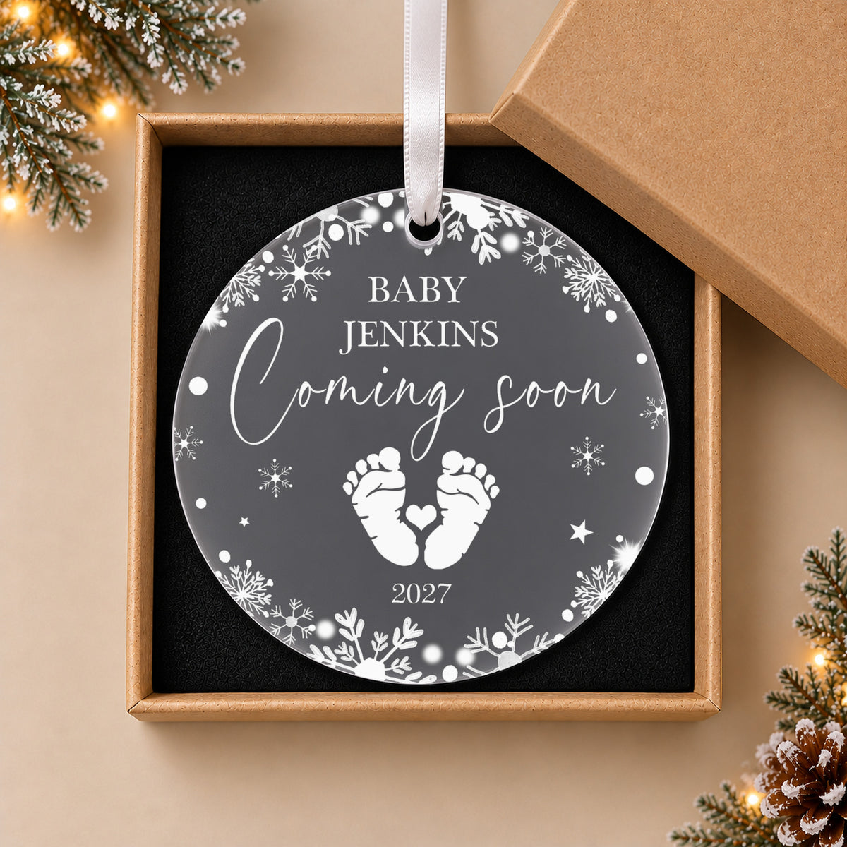 Personalised Baby Coming Soon 2027 Christmas Bauble – Pregnancy Announcement – in the optional gift box