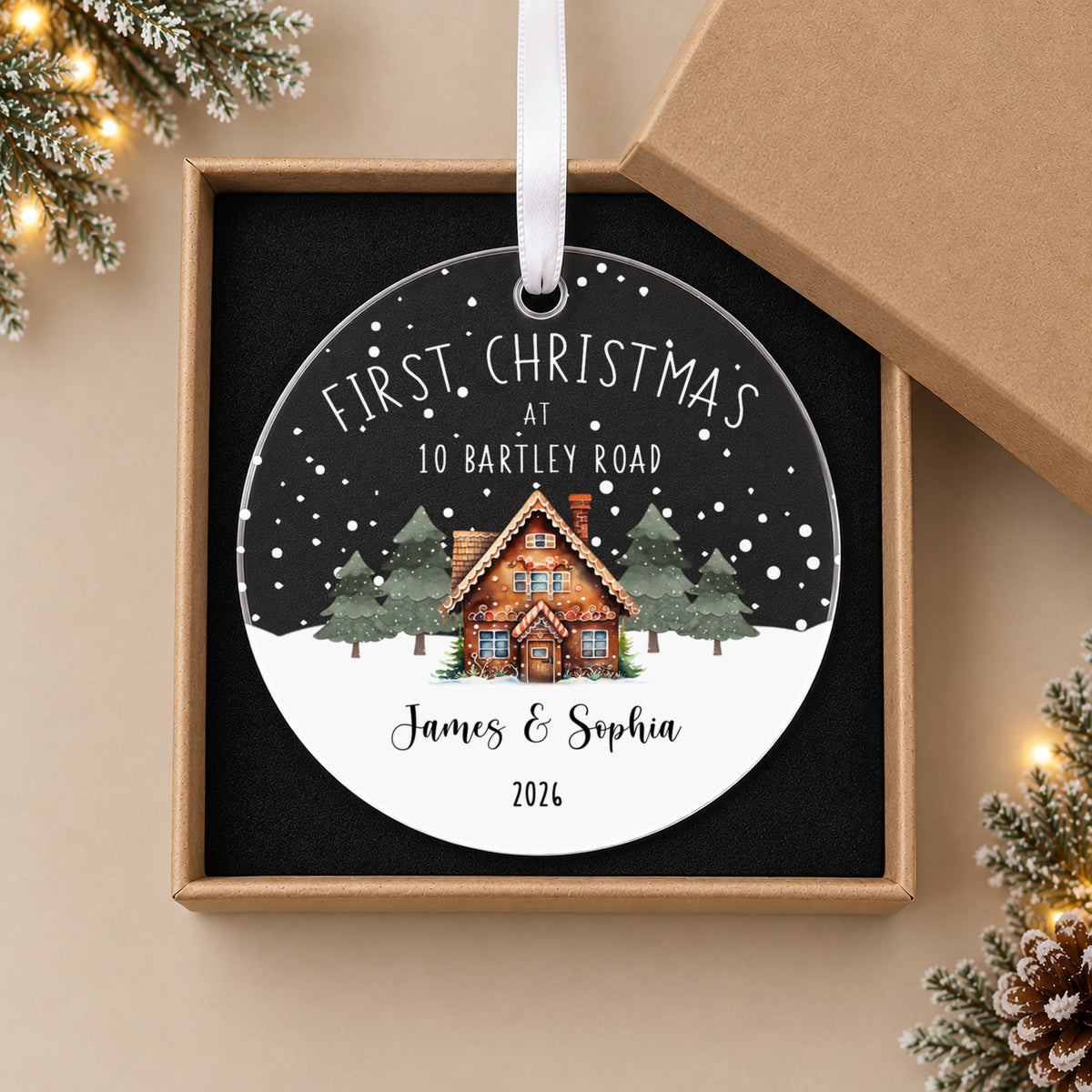 Personalised First Christmas New Home Bauble – Cottage with Your Address – in the optional gift box