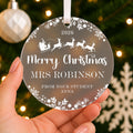 Personalised Teacher Christmas Bauble – Santa Sleigh with Name & Message – shown held in the hand